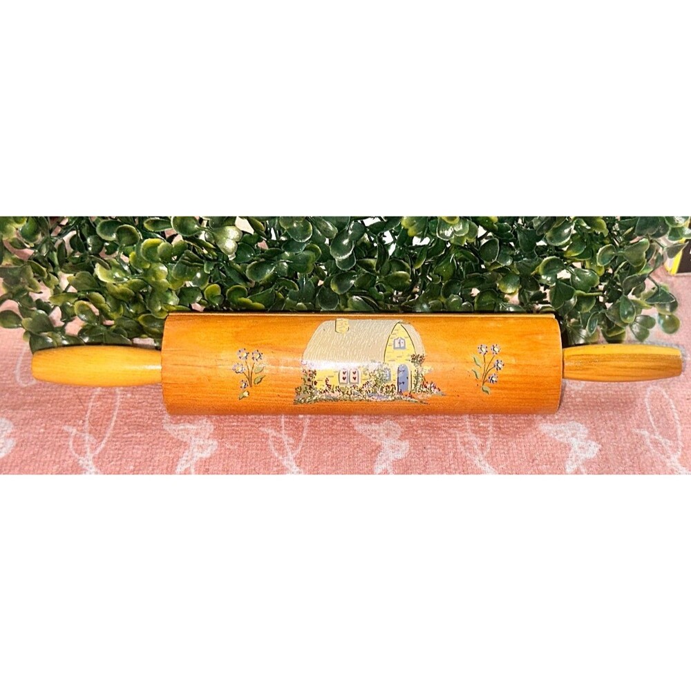 Vtg Wood Rolling Pin Recipe Card Holder Panited Cottage House